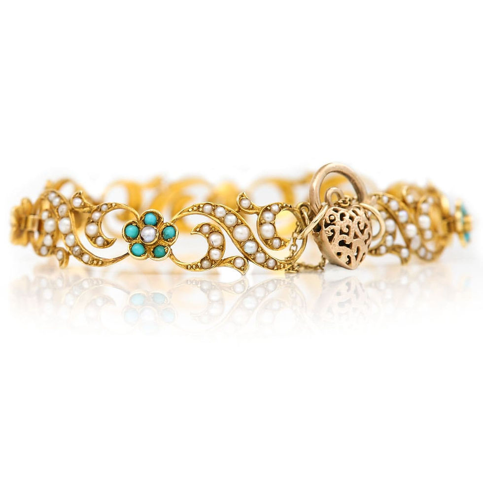 Thumbnail: Victorian 18ct Gold Turquoise Forget Me Not and Seed Pearl Bracelet Circa 1890