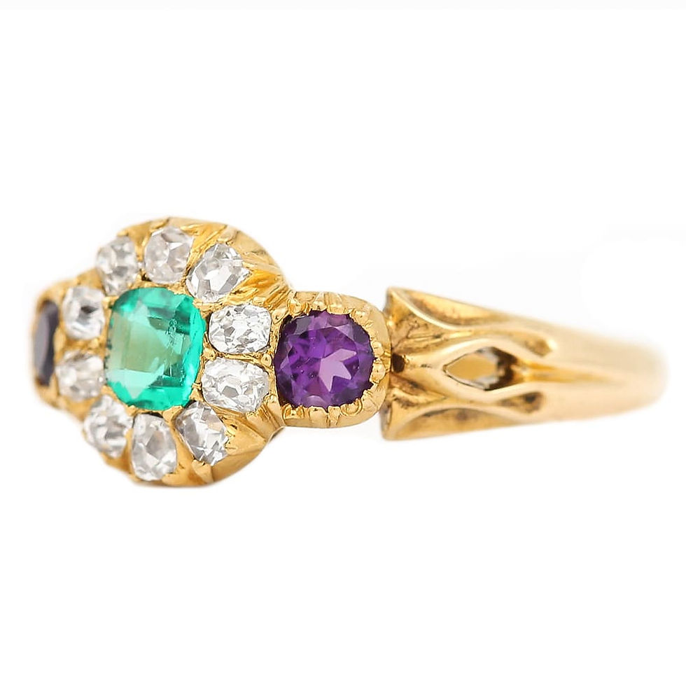 Thumbnail: Victorian 18 Karat Emerald, Amethyst and Diamond Cluster Suffragette Ring