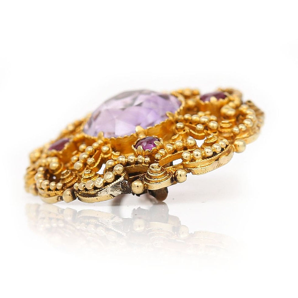 Thumbnail: Georgian 18ct Gold Amethyst and Ruby Canetille Brooch, Circa 1830