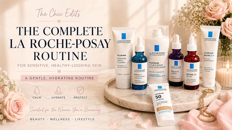 La Roche-Posay skincare routine for sensitive skin featuring Toleriane cleanser and moisturizer, Hyalu B5, Mela B3, Retinol B3, Anthelios SPF 50 and Cicaplast Baume B5.