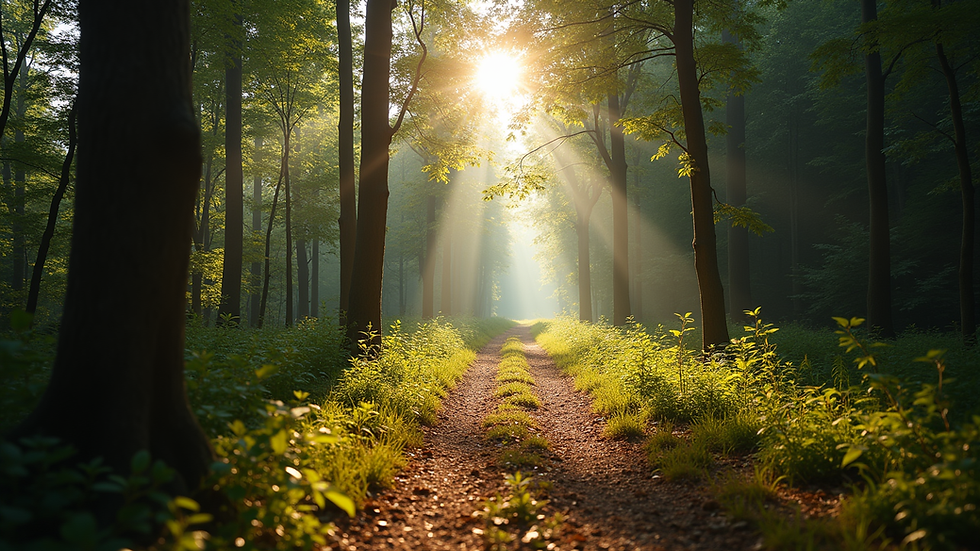 Eye-level view of a calm forest trail with soft sunlight filtering through the trees