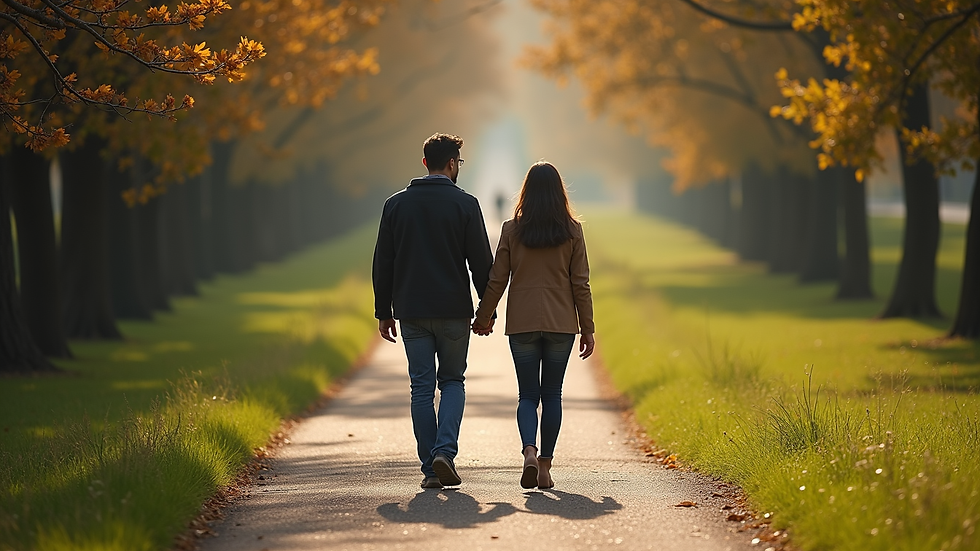 High angle view of a couple walking hand in hand on a quiet path