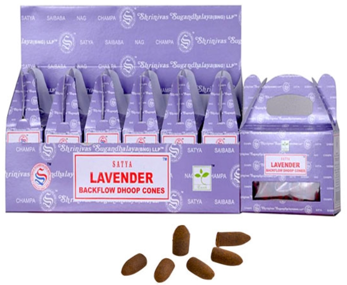 Satya Lavender Backflow Incense Cones - 24 Cones Pack (6 Packs Per Box)