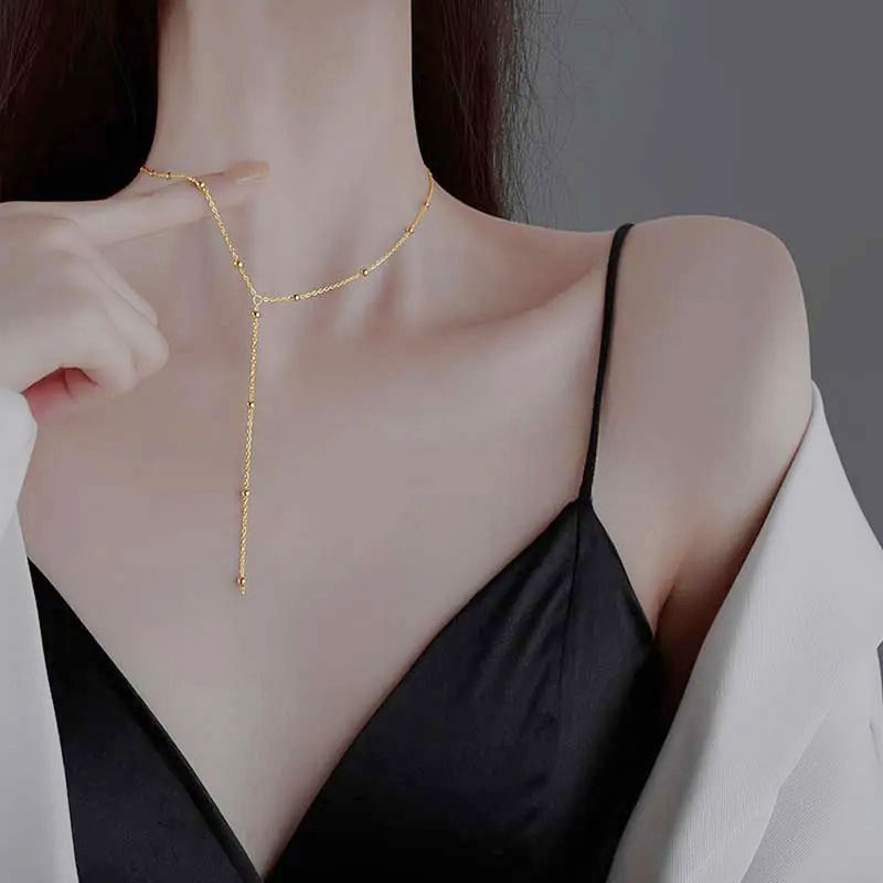 Thumbnail: LATS Gold Color Double Layered Long Tassel Chain Necklaces for Women Simple Meta
