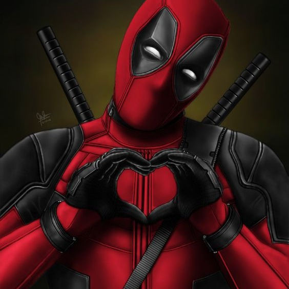 The fictional character deadpool doing a heart with his hands