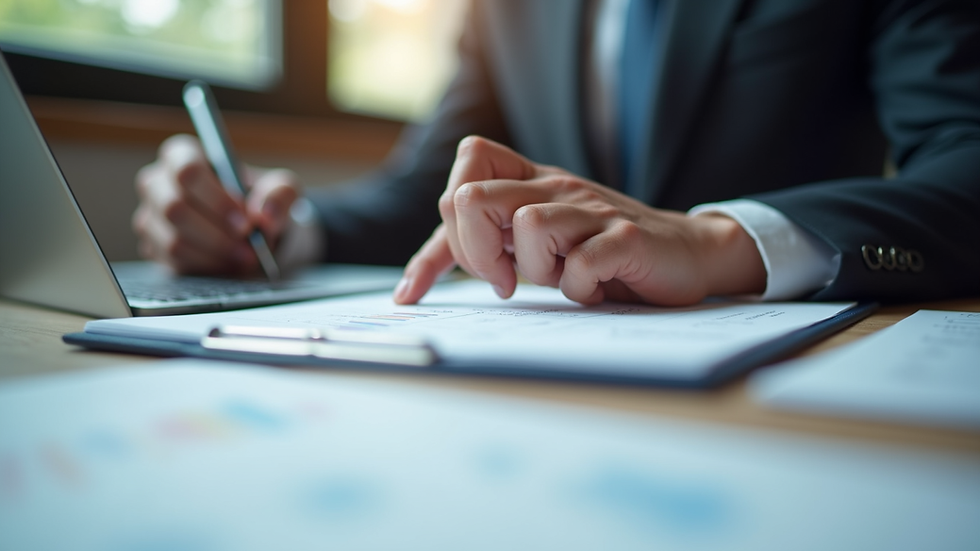 Close-up view of a business consultant reviewing a government contract proposal