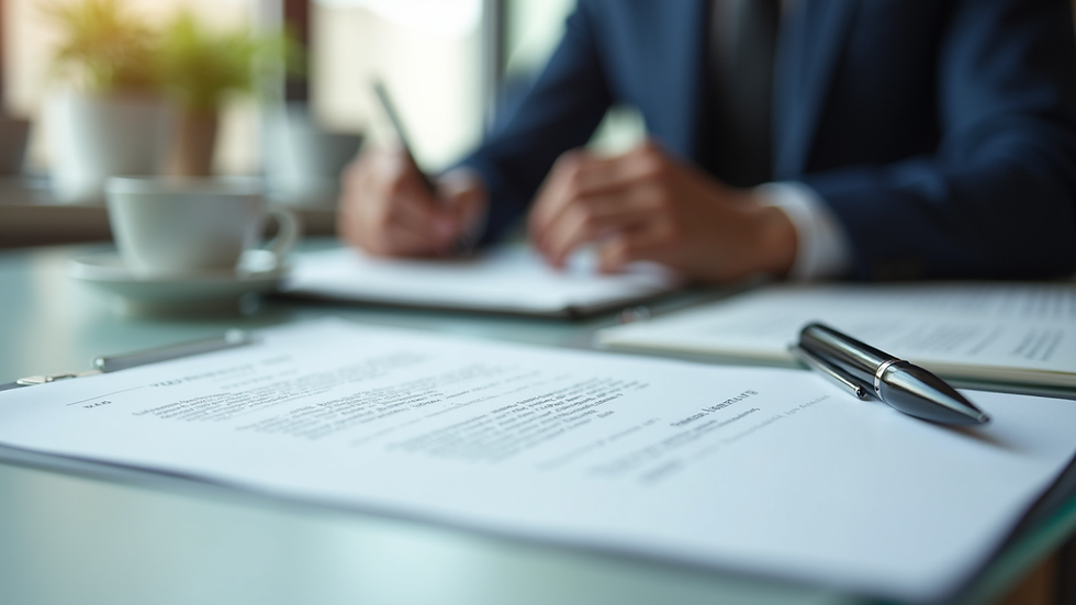 Eye-level view of a government contract document with a pen on a desk