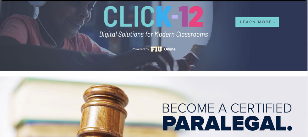 FIU Continuing and Professional Education homepage screenshot 2. There is a banner that shows a kid on a computer smiling. The banner says: Click-12 Digital Solutions for Modern Classrooms.