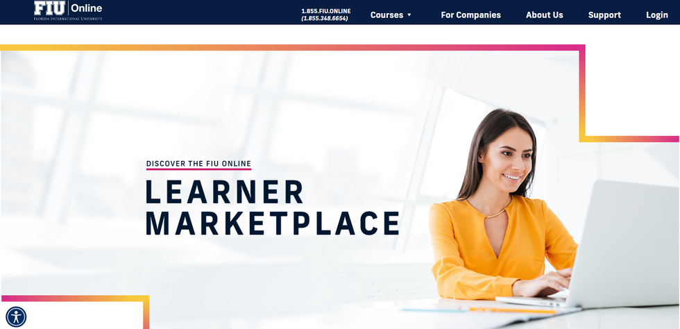 FIU Online Learner Marketplace homepage screenshot 1.  The header says FIU Online and the main navigation items are Courses, For Companies, About us, and Support. The main banner image is a woman smiling on a computer. The banner image says "Discover the FIU Online Learner Marketplace."