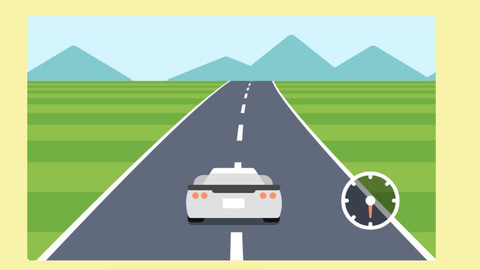 Animated image of a car on the road. The car and the road are in the center of the picture to give a first person point of view. There is a speedometer with no numbers on the right side. 
