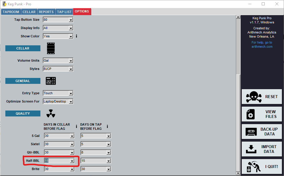 Keg Punk options tab