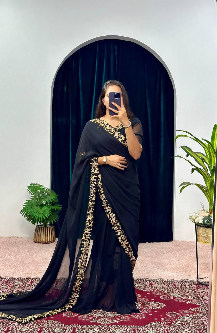 Thumbnail: Trending Faux Georgette Gown-Saree with Embroidery Lace Border - 4 Exclusive Col