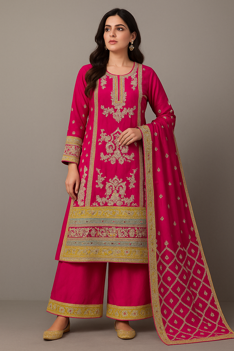 Magenta Embroidered Georgette Suit Set with Dupatta – Size M to XXL