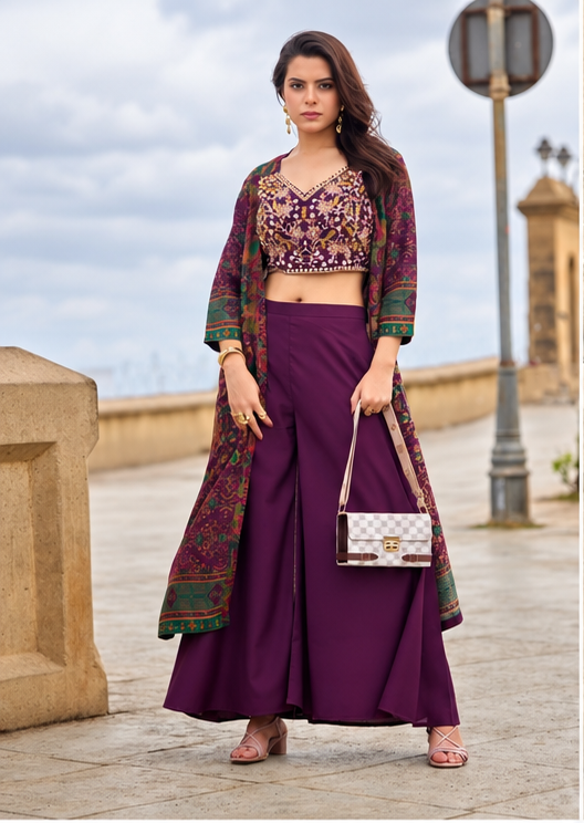 Roman Silk Embroidered Crop Top, Palazzo & Shrug Set