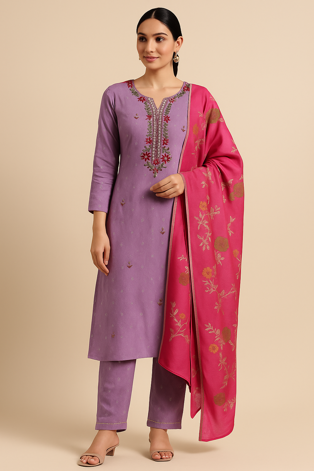 Elegant Embroidered Suit Set with Rich Woven Dupatta – Size M to XXL