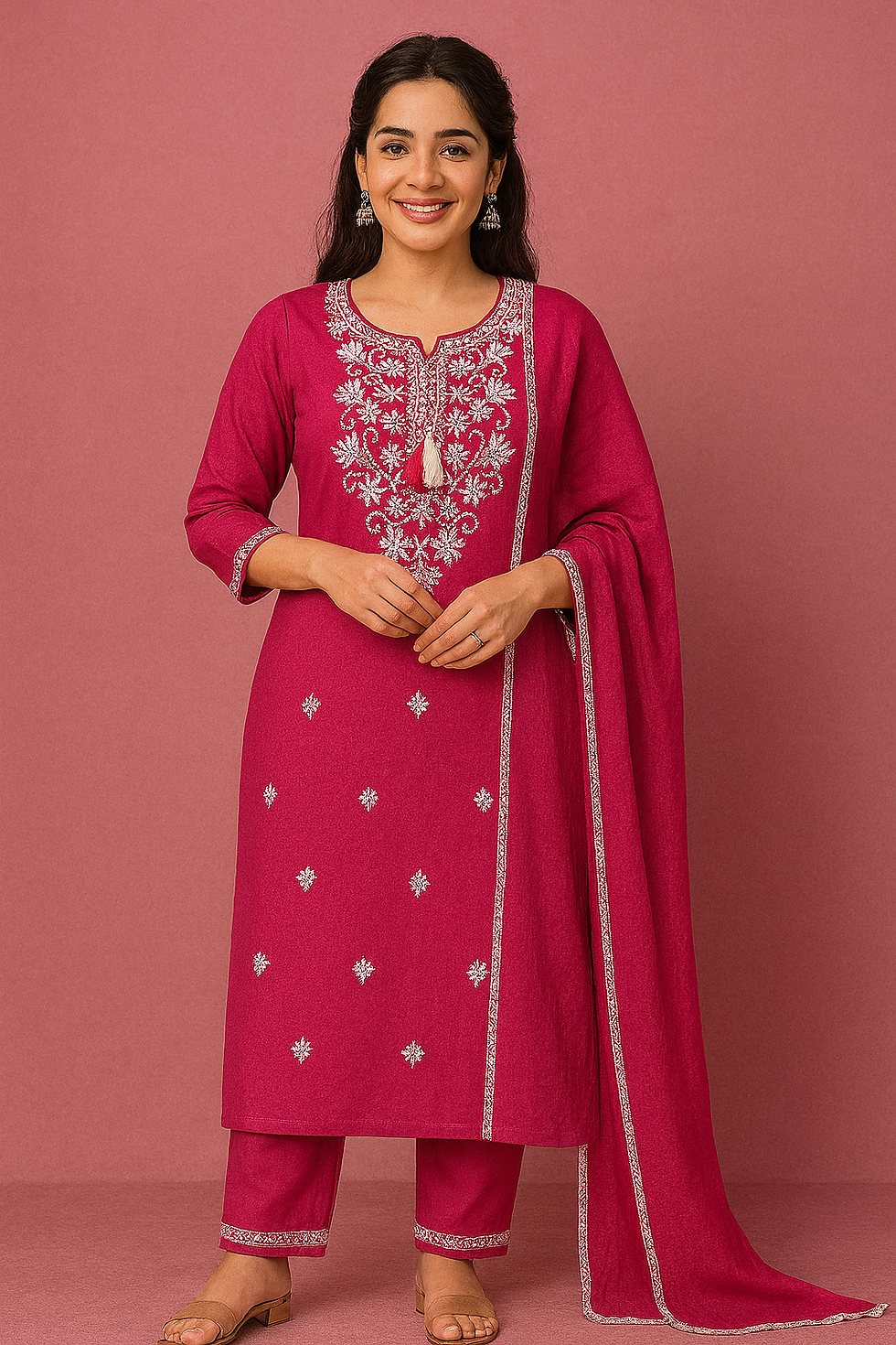 Thumbnail: Embroidered Rayon 3-Piece Suit Set | Sizes M to XXL | Mustard, Teal, Rose Pink