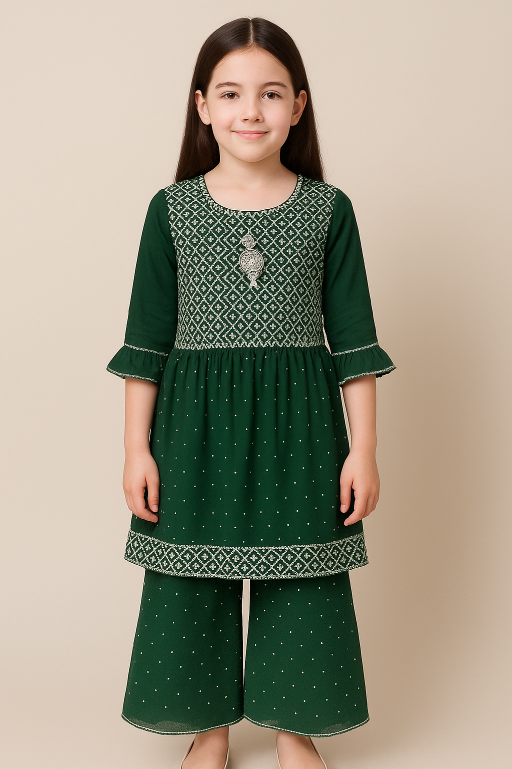 Kids Georgette Kurti Plazo Set – Maroon, Dark Green & Navy Blue | Size 32 & 34