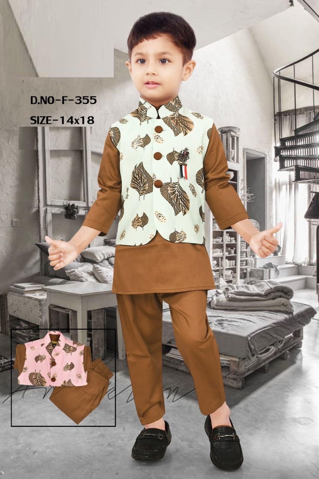 Kids’ Kurta Set with Leaf-Printed Nehru Jacket – Available in Mint Green and Pin