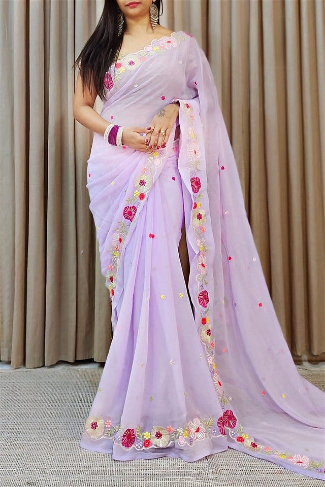 Thumbnail: Floral Embroidered Soft Georgette Saree with Stitched Blouse – Multiple Colors