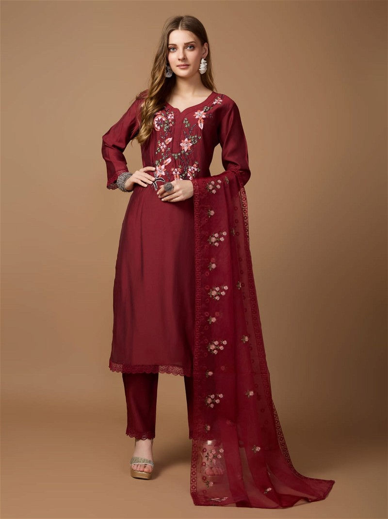 Luxurious Roman Silk Embroidered Suit Set with Organza Dupatta