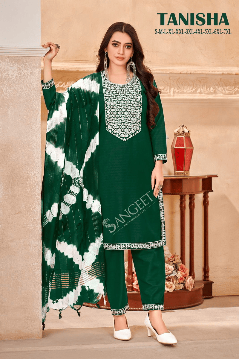 Thumbnail: Tanisha Plus Size Embroidered Rayon Kurta Set with Tie-Dye Dupatta (4XL - 6XL)