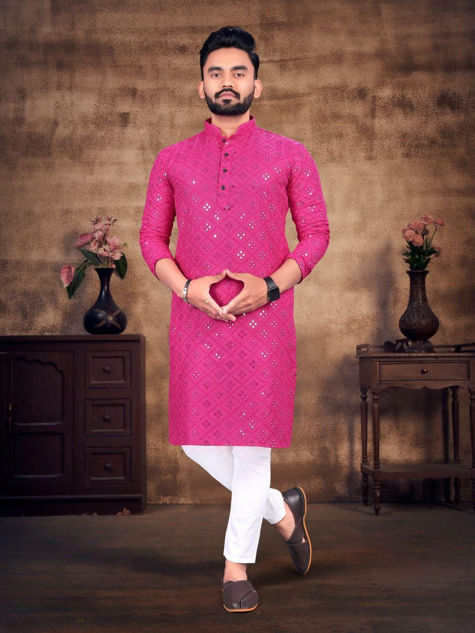 Latest style mirror work high class men's kurta with paijama
