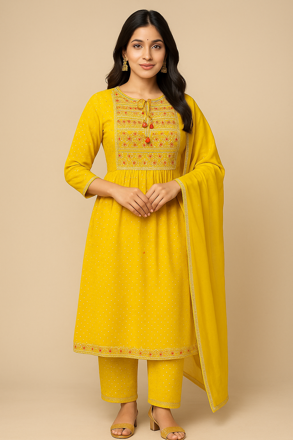 Elegant Nayra-Cut Embroidered Kurti Set with Dupatta – mustard yellow