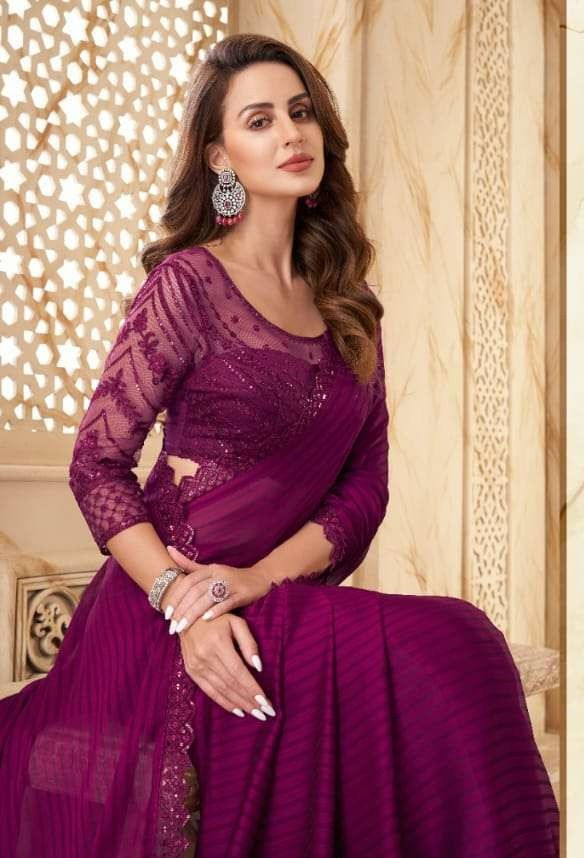 Thumbnail: Embellished Border Georgette Silk  Brasso Saree