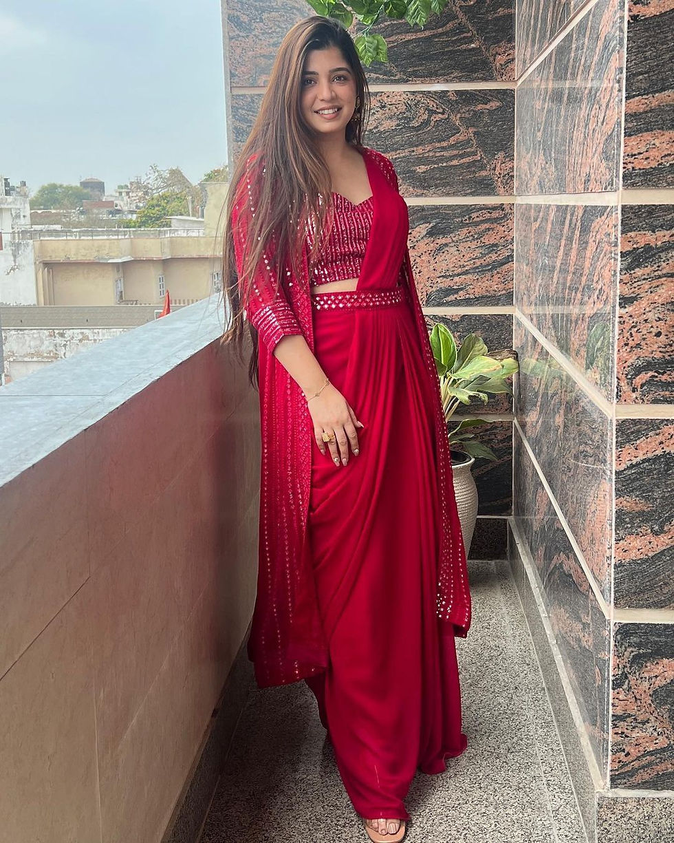 Thumbnail: Ready to wear Shrug Saree with Sequence and foil work.