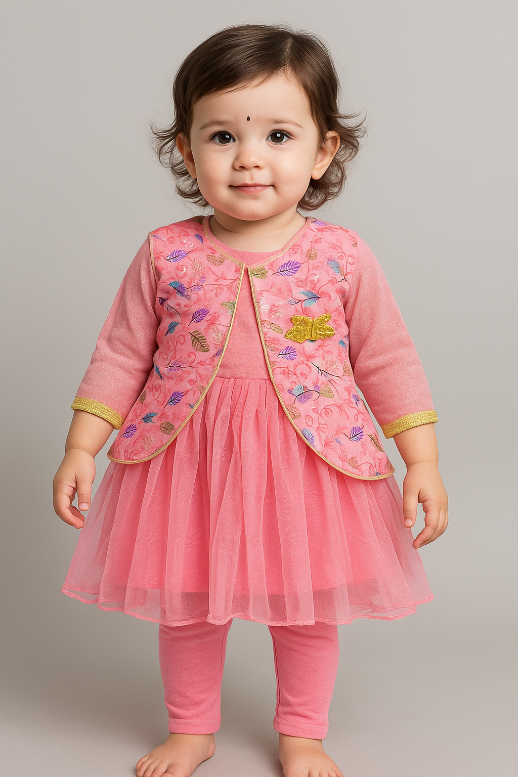 Girls Silk & Net Party Frock Set with Embroidered Jacket – Sizes 20 to 24