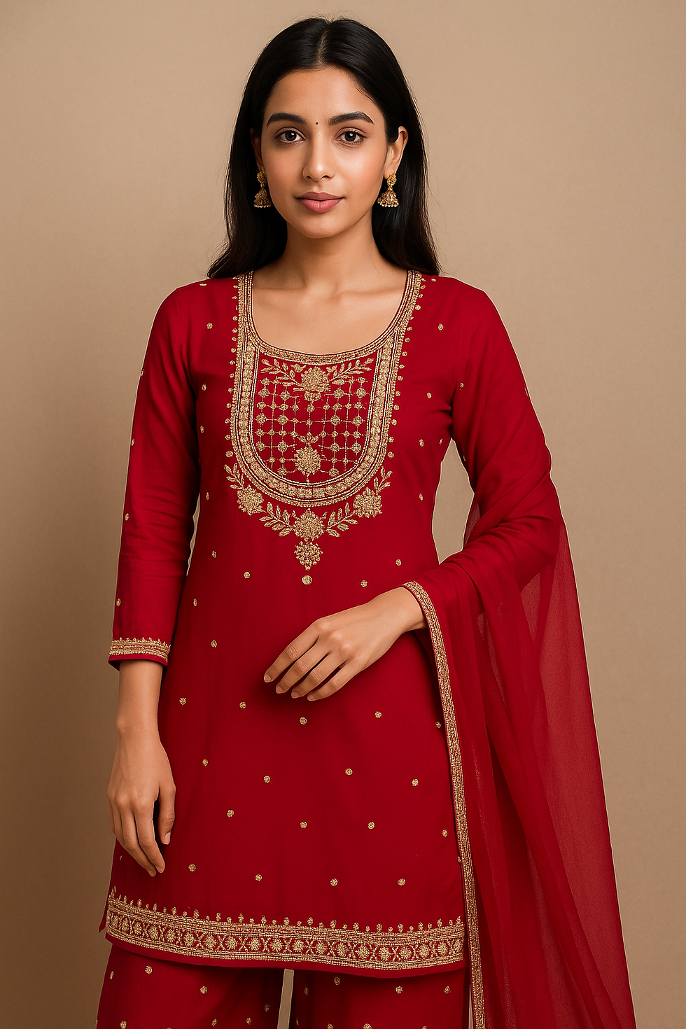 Embroidered Georgette Kurti Palazzo Set with Dupatta