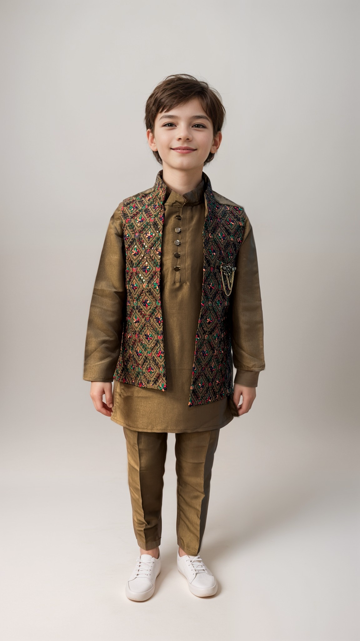 Kids’ Bronze Kurta Pajama with Embroidered Nehru Jacket