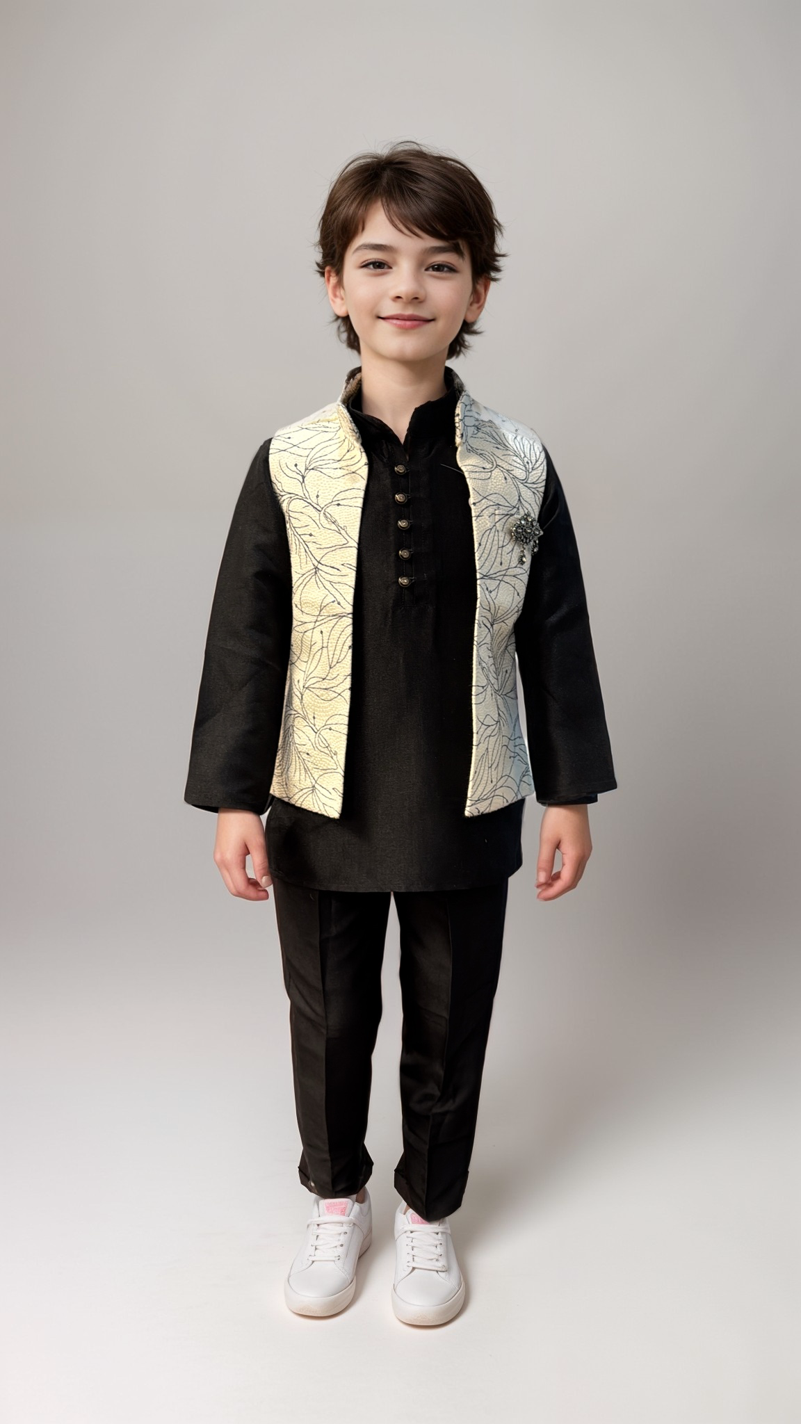 Kids’ Black Kurta Set with Stylish Beige Printed Nehru Jacket