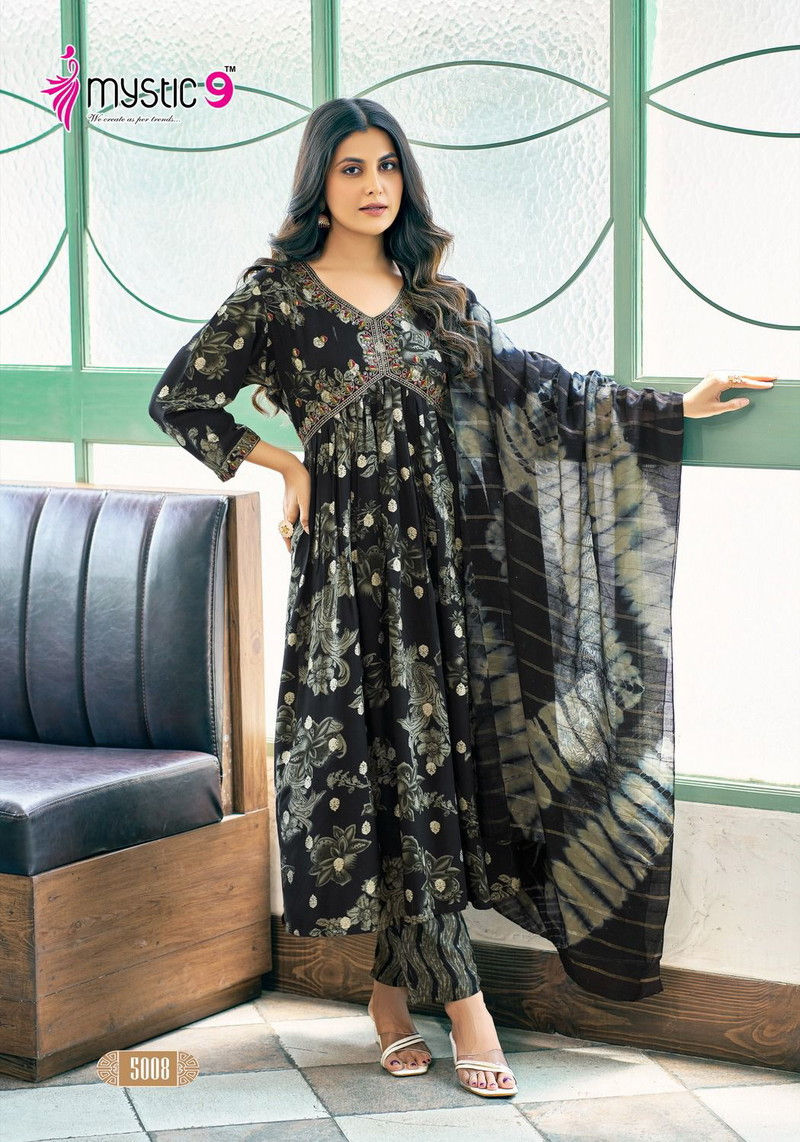 Thumbnail: Foil Print Aliya Stitched Suit with Embroidered Neck - 46 Inch Sleeves