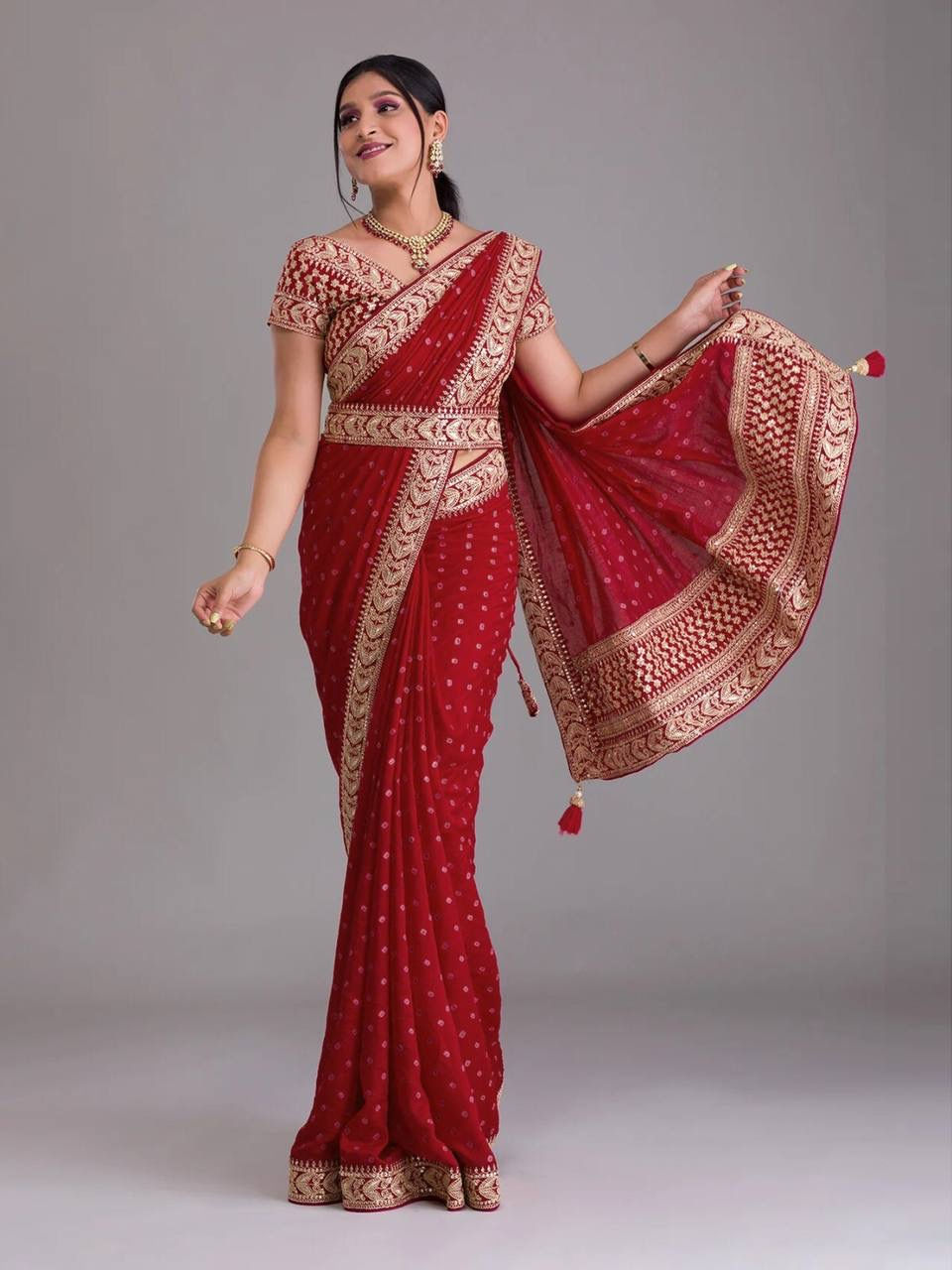 Thumbnail: Ready to Wear Heavy  Chinon Sarees with Zari Embroidery and Stiched Blouse