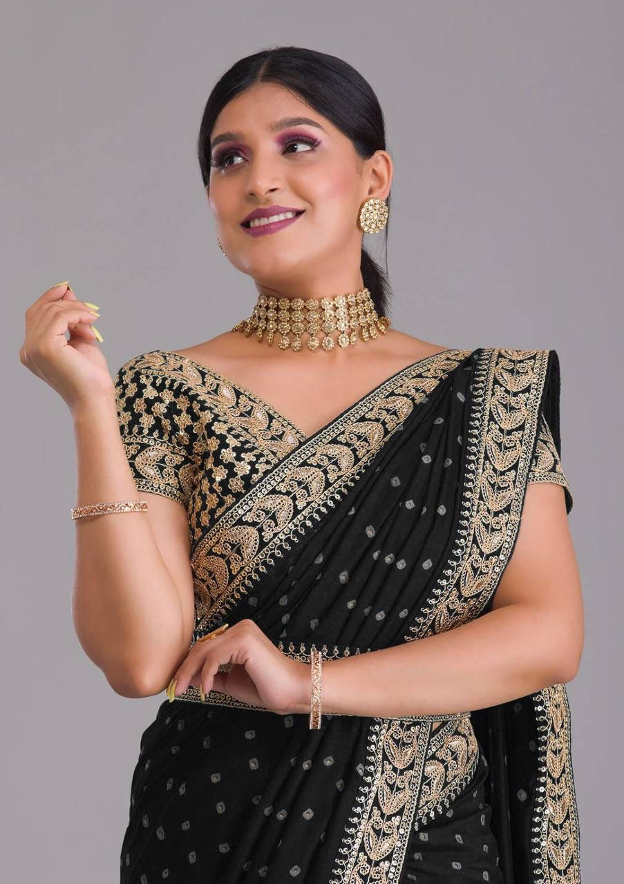 Thumbnail: Ready to Wear Heavy  Chinon Sarees with Zari Embroidery and Stiched Blouse