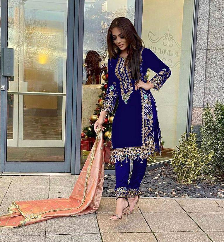 Thumbnail: Luxurious Velvet Embroidered Suit with Dupatta – Available in M to XXL Sizes