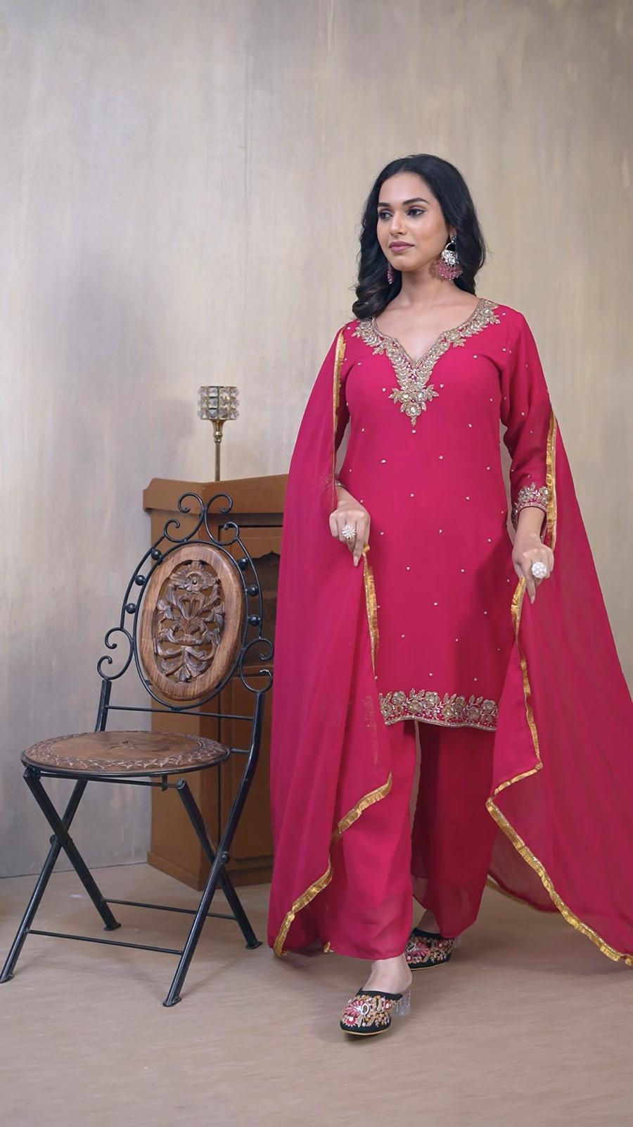 Thumbnail: Boutique Handwork Georgette Suit Set with Dupatta & Plazo – Multiple Colors