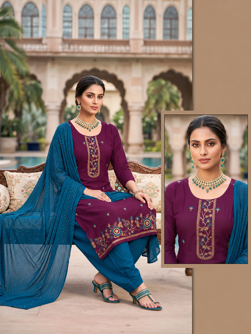 Thumbnail: Rayon Sequin Embroidered Punjabi Suit with Dupatta