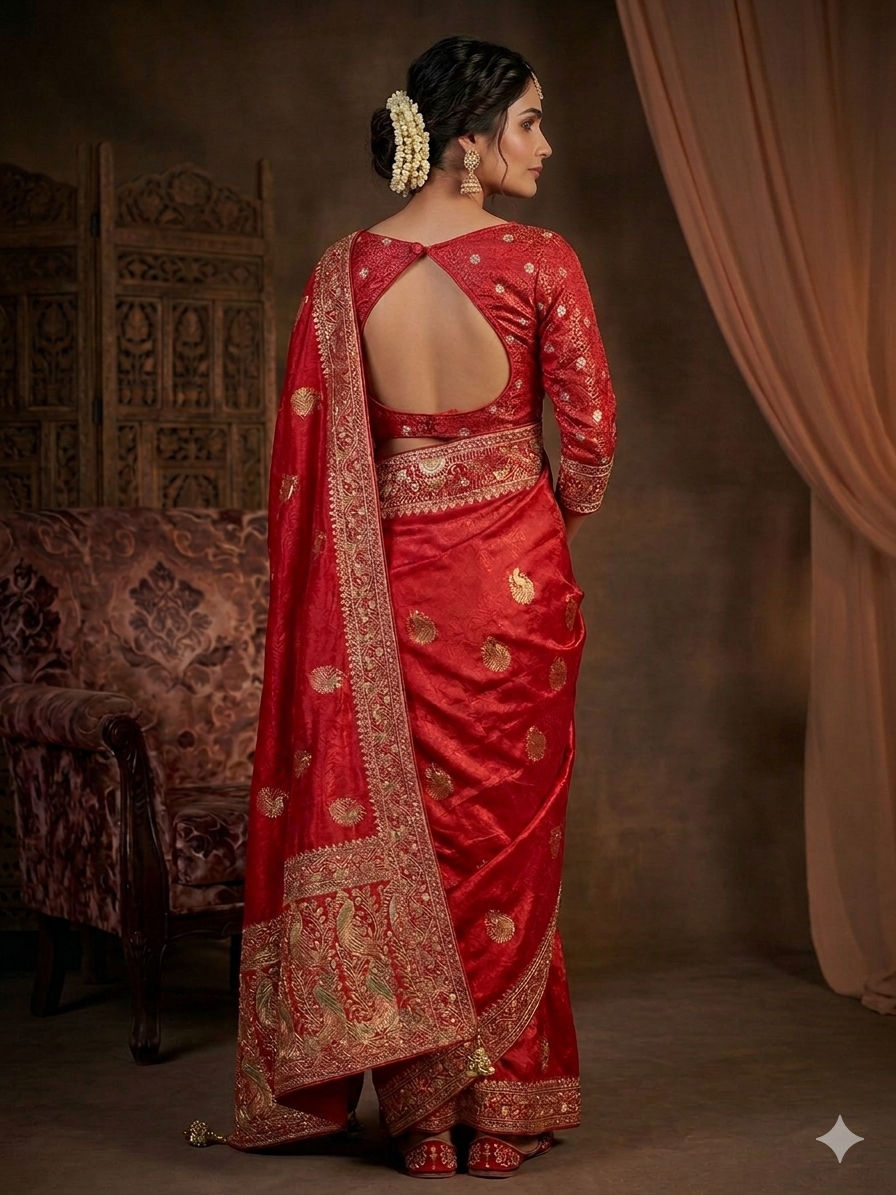 Thumbnail: Red Banarasi Silk Saree with Peacock Zari Weaving & Heavy Embroidered Pallu