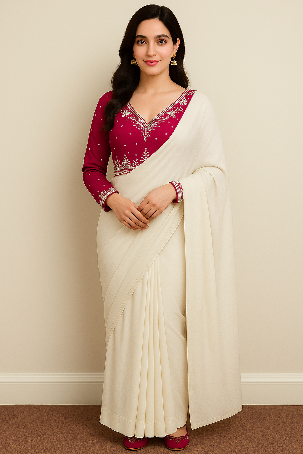 Boutique Handwork Blouse with Premium Georgette Off-White Saree