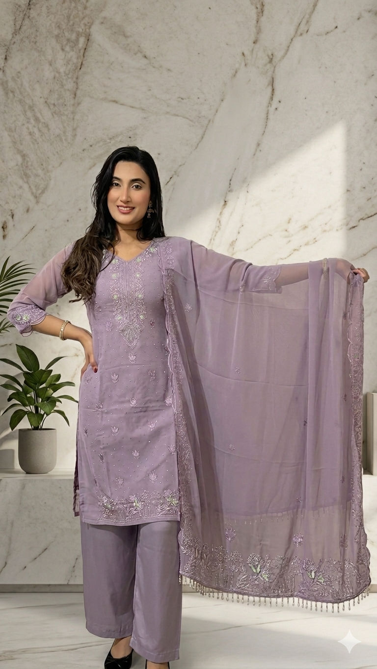 Thumbnail: Women’s Premium Georgette Embroidered Suit Set with Dupatta | Stone Work | Sizes
