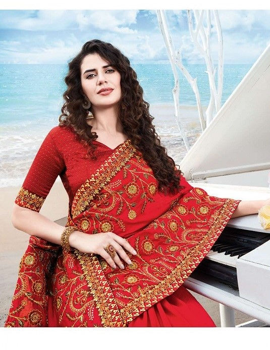 Thumbnail: Meera Festive Wear Embroidery Worked Sarees Collection