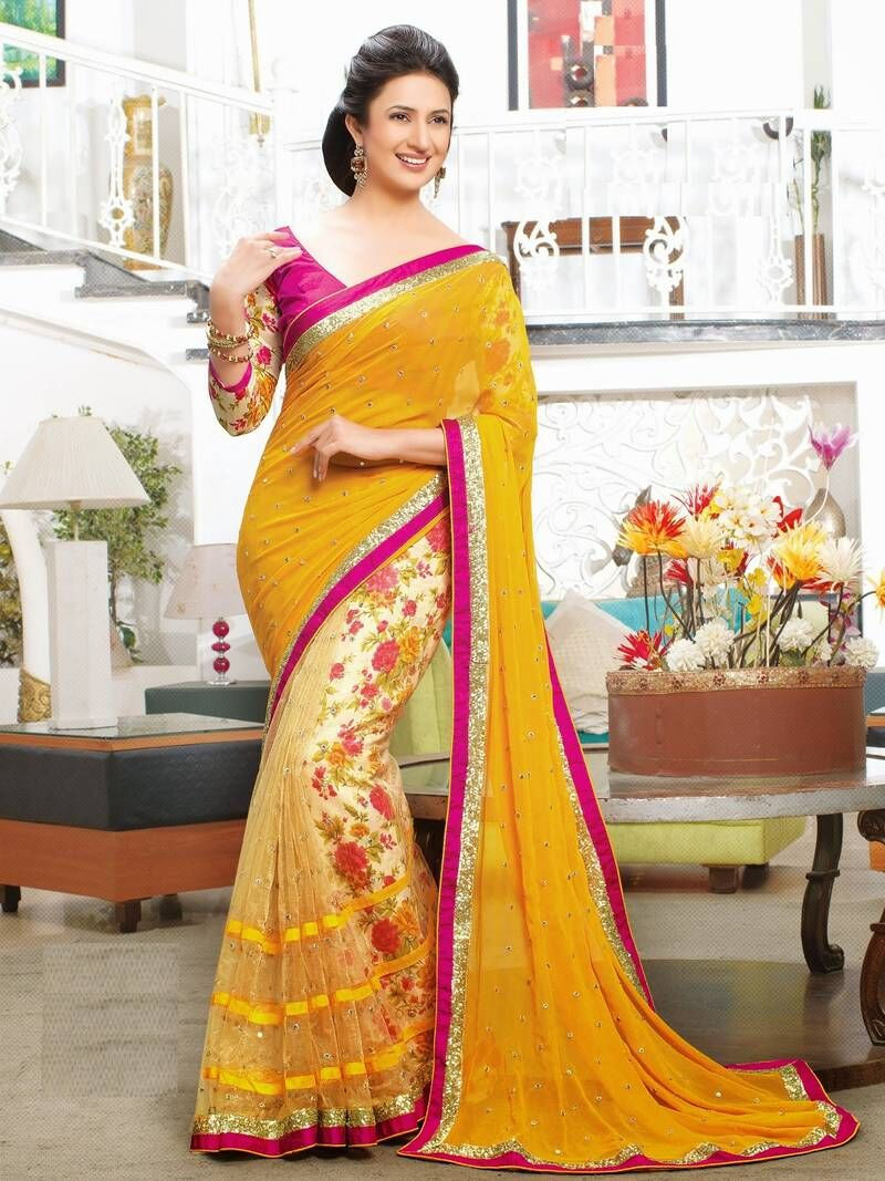 Beautiful yellow party saree with exclusive design