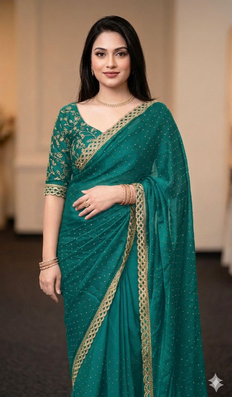 Thumbnail: Elegant Satin Chiffon Pre-Pleated Saree with Embroidered Blouse – Sizes 32 to 46