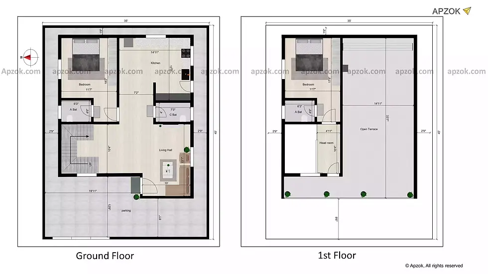 2D floor plan layout — 35 x 45 ft 2BHK West house plan, Plan RL0141
