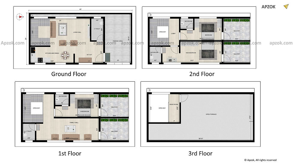 Thumbnail — 40 × 20 ft (12.19 x 6.10 m) 3BHK East house plan, Plan RP0075