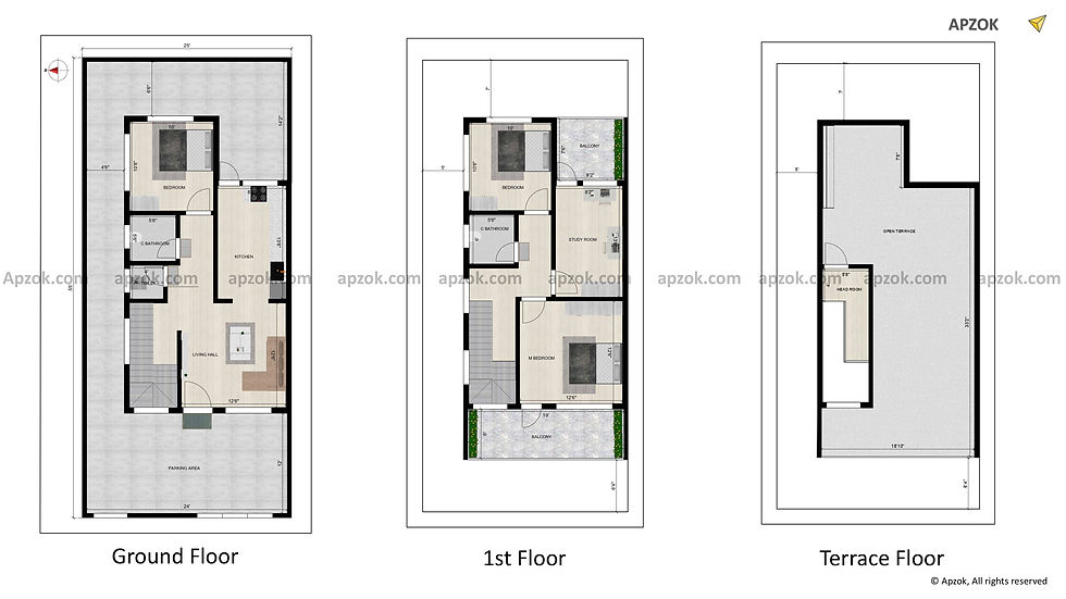 Thumbnail — 25 × 55 ft (7.62 x 16.76 m) 3BHK West house plan, Plan RH0056