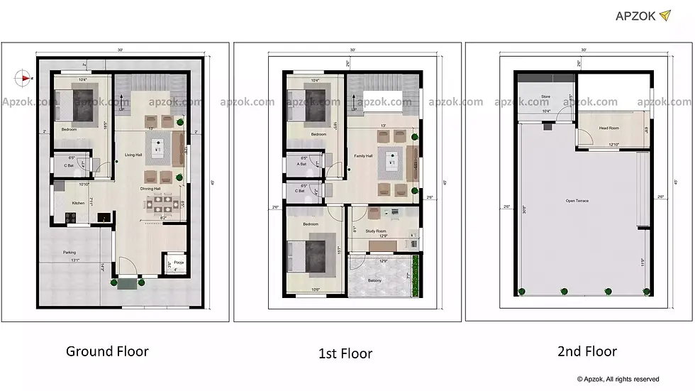 2D floor plan layout — 30 x 45 ft 3BHK East house plan, Plan RL0161