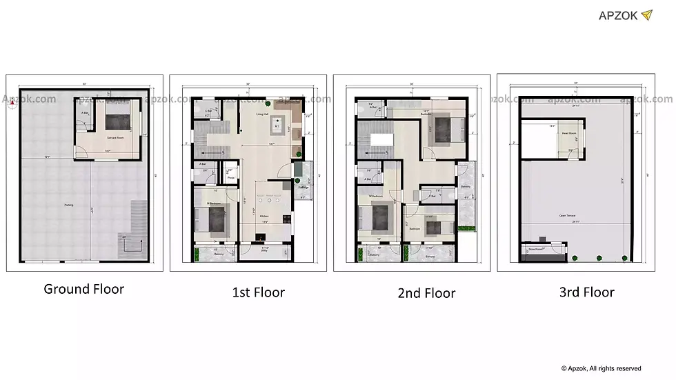 Thumbnail — 30 × 40 ft (9.14 x 12.19 m) 4BHK South house plan, Plan RL0088